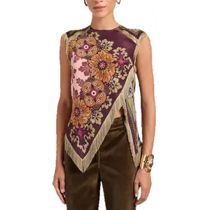 Unique Boho Vintage Floral Scarf Print Gloss Satin Sleeveless Blouse, Simple Crew Round Neck Cutaway Sleeveless Armholes Full Edge Fringe Tassel Trim Diagonal Asymmetrical Triangle Hanky Hem Back Hidden Zip Closure, For Old Town Street Office Café Fall Re
