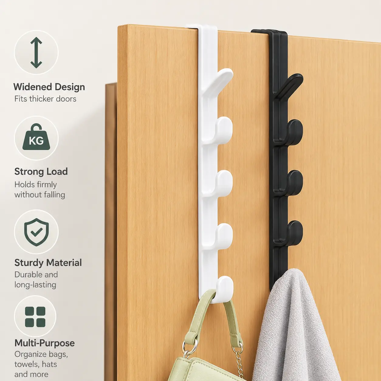 1-Pack Over-The-Door No-Punch Smooth Storage Hooks Organiser - Cabinet-Mount Hanger for Towels, Bags, Hats - Home Organizer for Bedroom, Bathroom