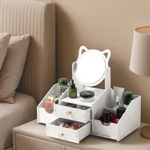 Large Mirror Dual Drawer Cosmetic Storage Box, Multifunctional Desktop Makeup Organizer, Skincare Rack & Jewelry Holder, Easy Assembly