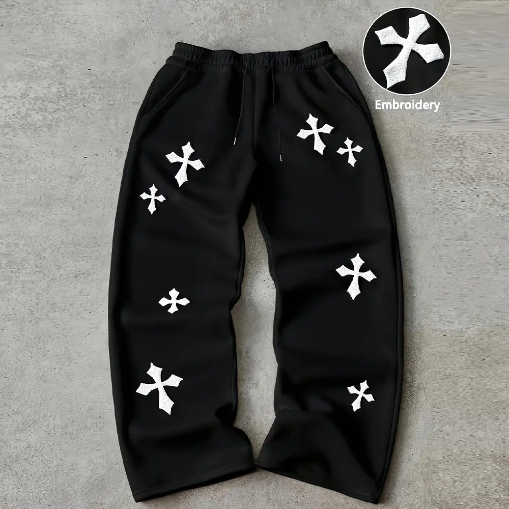 Men’s stretchy black sweatpants with cross embroidery, loose fit, drawstring waist, casual street style, streetwear long pants