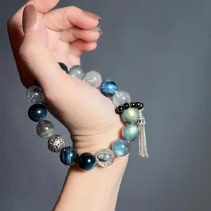 Mystical Energy Bracelet Gray Moonstone Blue Tiger's Eye & Herkimer Diamond for Spiritual Awareness & Personal Strength Men's Adjustable Stretch Bracelet 12mm Beads Natural Aquamarine Stones Healing Properties Calming Soothing Emotional Balance