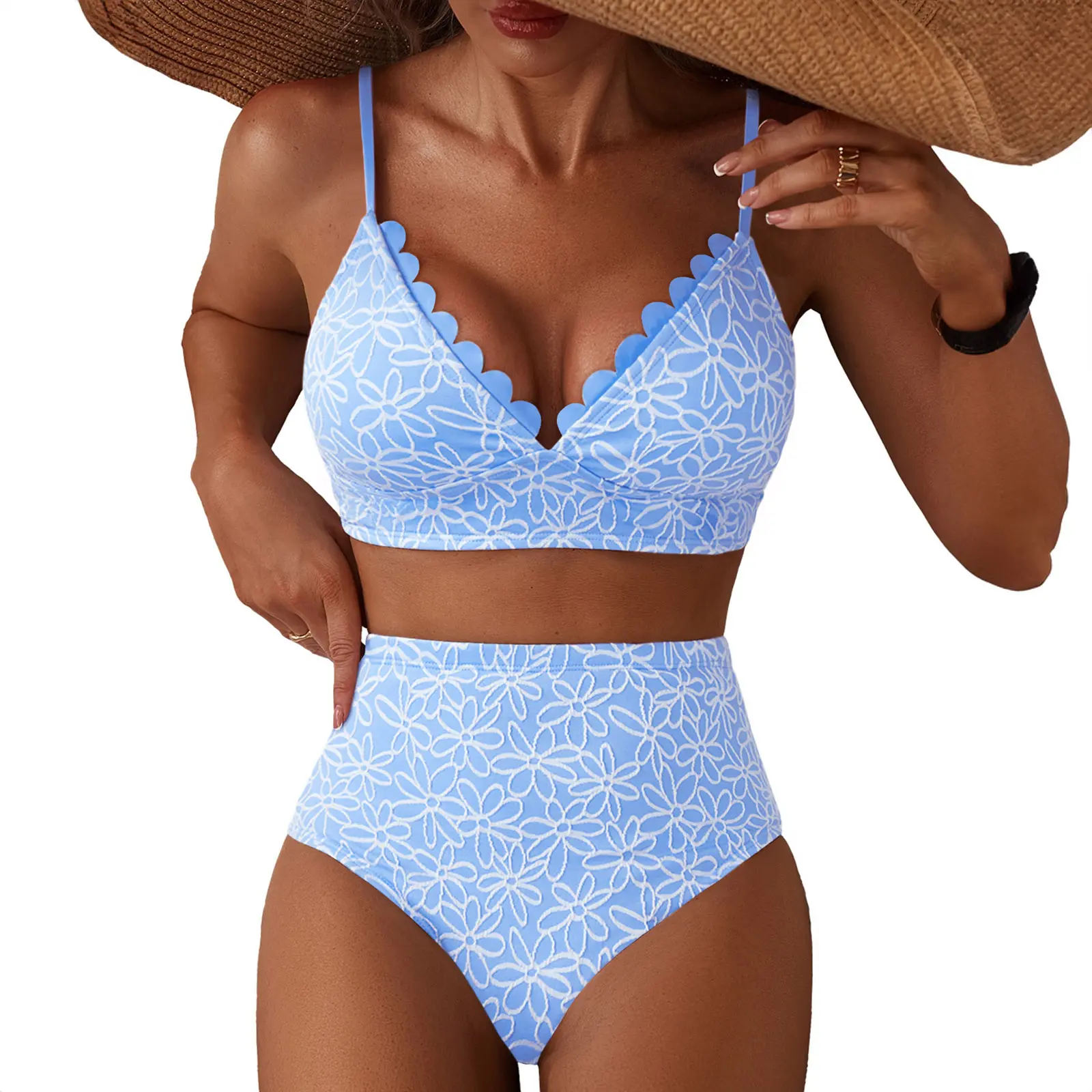 Aleumdr Women's Embroidered Floral Print Beachwear Bikini Sets - Scalloped V-Neck High-Waisted Fitted Bathing Suits for Beach Party, Summer Vacation Swimsuits for Women, Swimsuit For Women