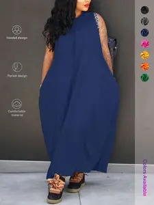 Plus Size Hooded Maxi Dress with Pockets Casual Sleeveless Loose Long Dress for Curvy Women Comfy Daily Wear