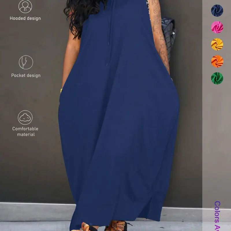 Plus Size Hooded Maxi Dress with Pockets, Large Pocket Dress, Casual Sleeveless Loose Long Dress for Curvy Women, Comfy Daily Wear