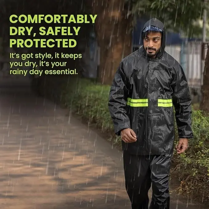 Raincoat and Rain Pants Set Foreign Trade Set Raincoat Full Body Heavy Rain Outdoor Hiking Two-piece Raincoat Black Oxford Cloth Suit-Green Luminous