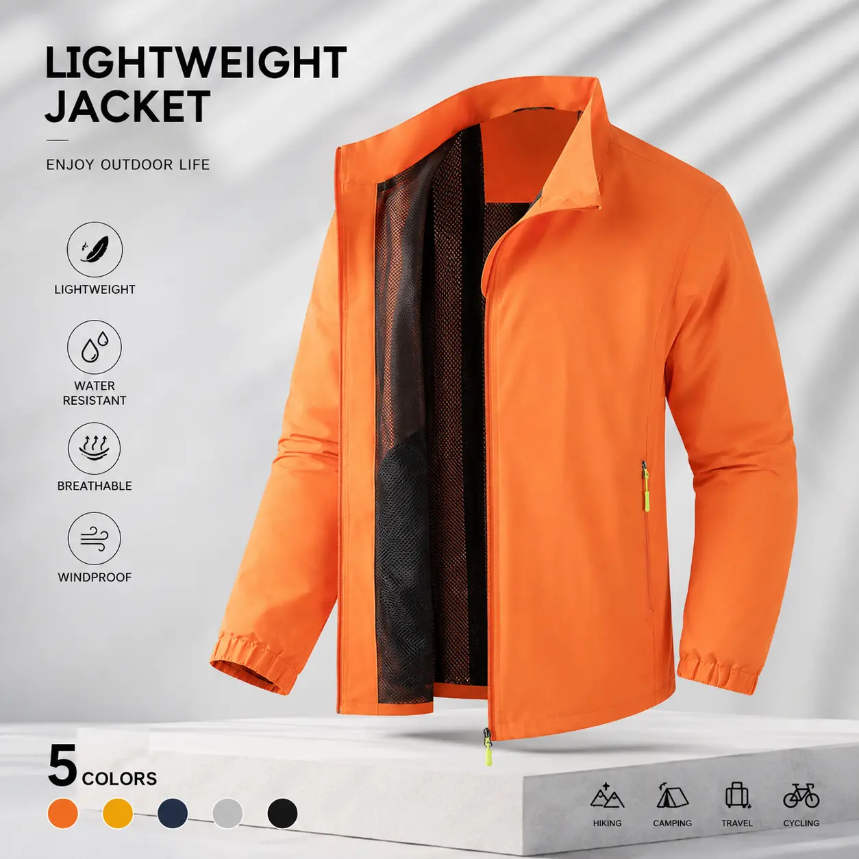 Men’s Lightweight Plain Outdoor Hardshell Jacket - Water-Repellent, Breathable, Machine Washable Polyester Top for Spring/Fall Hiking, Cycling, Outdoor Sports, Lightweight Jacket