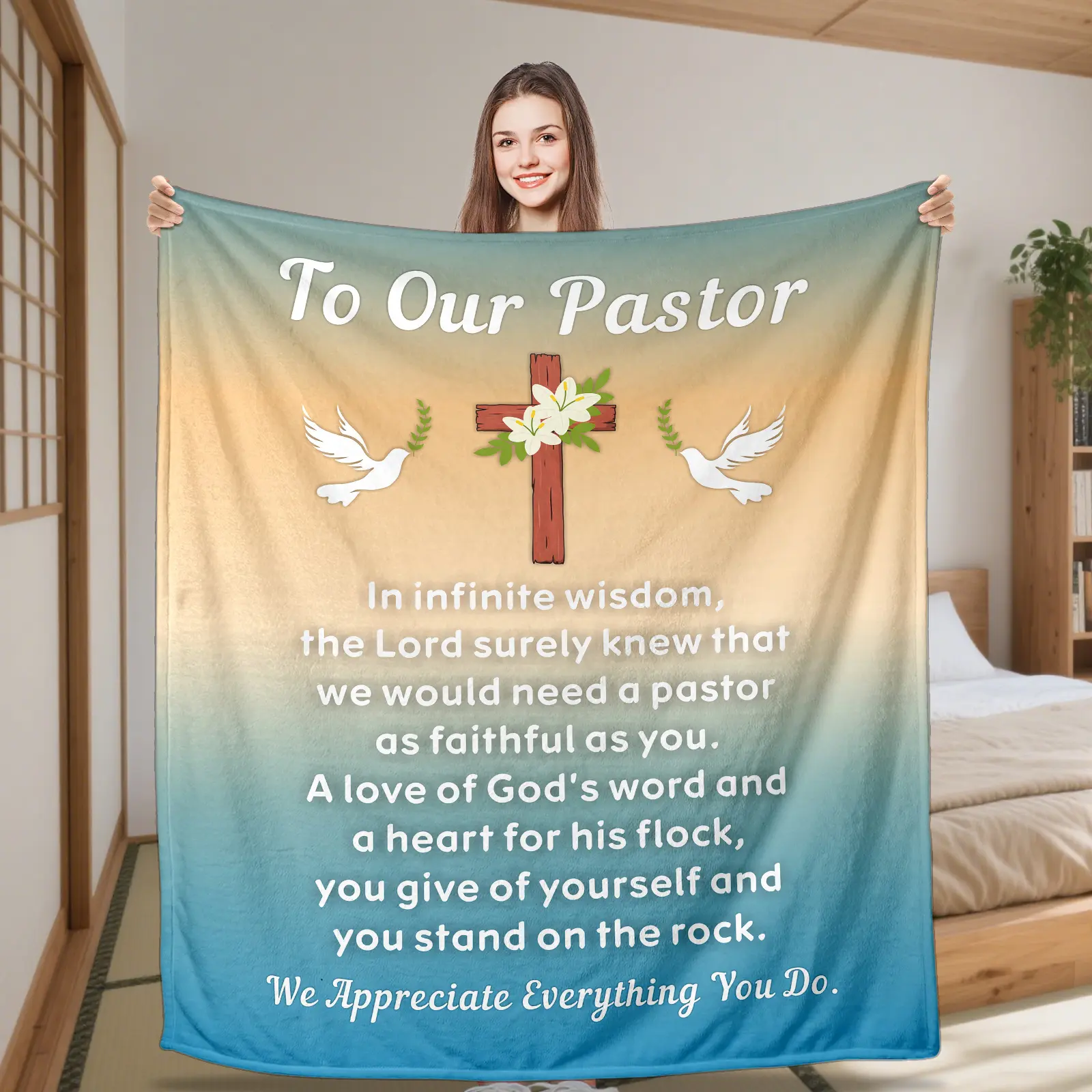 Pastor Appreciation Gift Cross Dove Flannel Throw Blanket - Ultra Soft 280GSM Polyester, "to Our Pastor" Poem with Cross & Dove Design, All-Season Devotional Gift for Church, Bible Study, Anniversary, Clergy Gift, Church Accessory, Contemporary Style, Hig