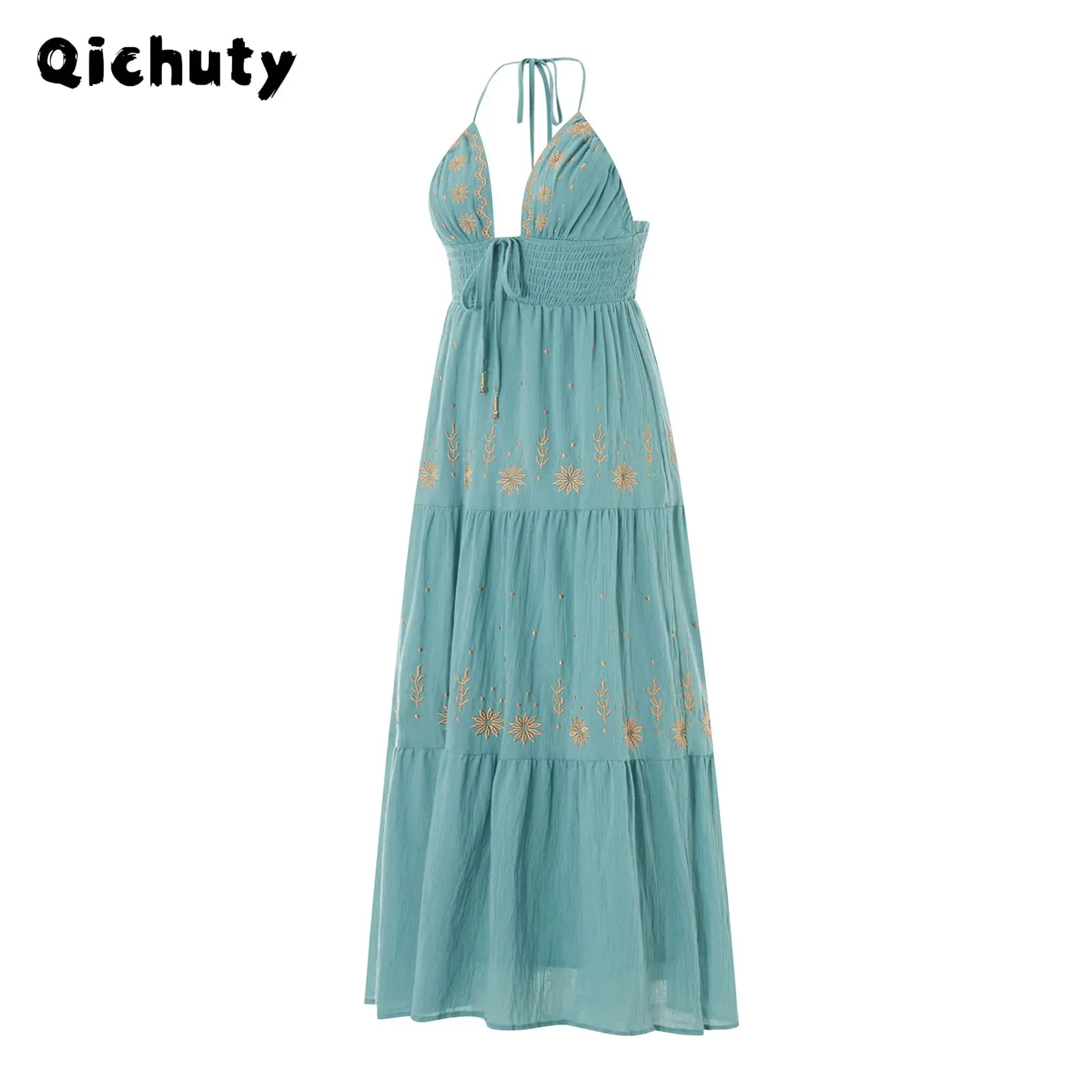 Boho Flowy Maxi Dress for Women Spaghetti Strap Open Back Embroidered  Tiered Swing Summer Long Dress Casual Cotton Fashion Embroidery Womenswear  Outdoorfun - TikTok Shop
