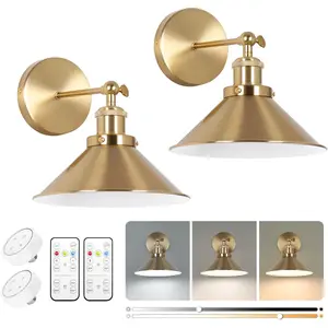 attery Operated Wall Sconce Set of Two, Brushed Brass Battery Powered Wall Lighting Indoor, Cordless Metal Indoor Wall Lamp, Dimmable with Remote, Suitable for Living Room Bedroom Hallway