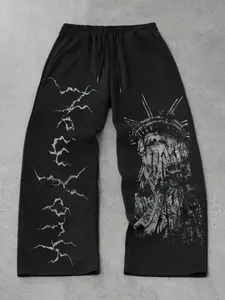 Men's Casual Loose-Fitting Sweatpants with Graphic Print, Liberty Statue Design for All Seasons, Comfortable Drawstring Wide Leg Trousers