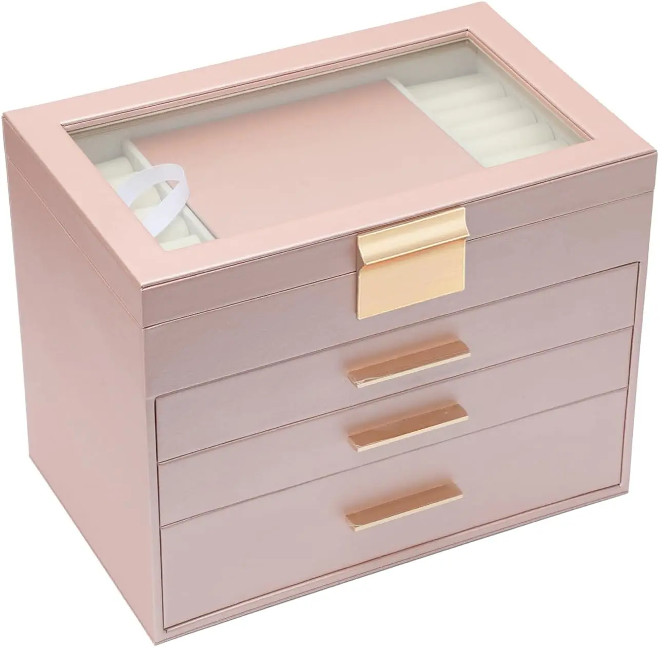 BOOVO Rose Gold Jewelry Organizer Light Luxury 4-Tier Jewelry Box with Transparent Lid, Anti-Tarnish Interior Jewelry Case with Mirror, Minimalist Vanity Organizer, Ideal Gift for Jewelry Lovers Champagne Gold jewelry organizer box