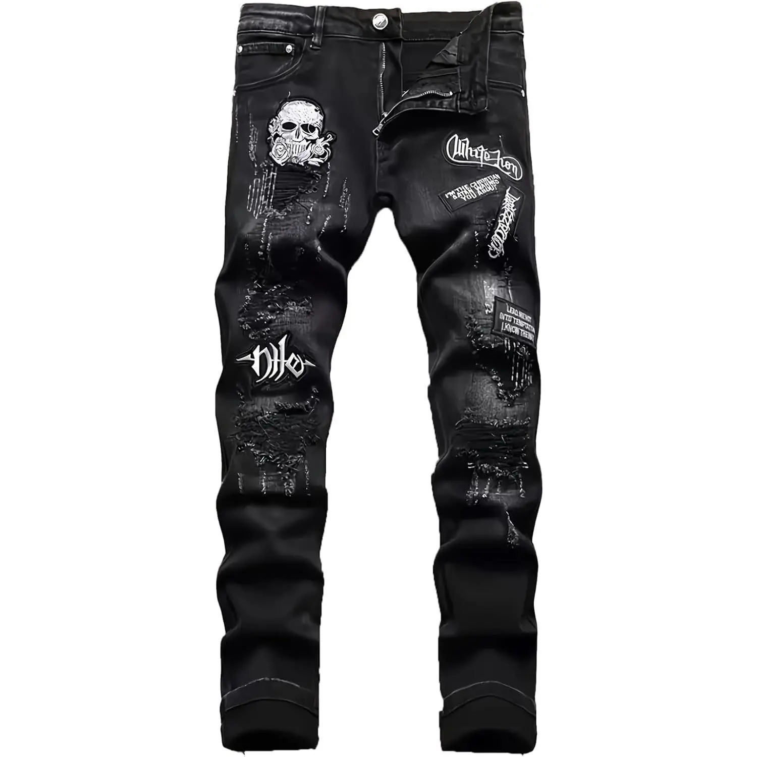 Men's Embroidered Geometric Patch Jeans, Vintage Regular Fit Washed Stretch Cotton Blend Denim Pants