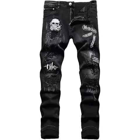 Men's Washed Regular-Fit Aged Vintage Denim Jeans - Stretch Cotton Blend Fabric, Stylish Embroidered Patches, Geometric Digital Print, Casual Comfy Menswear, Hand Wash Only
