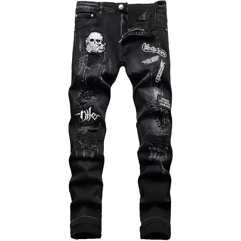 Men's Washed Regular-Fit Aged Vintage Denim Jeans - Stretch Cotton Blend Fabric, Stylish Embroidered Patches, Geometric Digital Print, Casual Comfy Menswear, Hand Wash Only