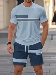 Men's Outdoor Set, Summer Fashion Short Sleeve Crew Neck Quick-Dry T-Shirt + Shorts, 3D Digital Print, Casual Fitness Wear, Gift Idea
