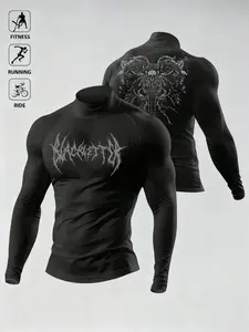 Edgy Gothic Skull Graphic Compression Long Sleeve, Fitted Cut, Athletic Style Activewear, Quick-Dry Moisture-Wicking Activewear Gym Top, Perfect for Fitness/Running, Stretch Compression Athletic Top for Men