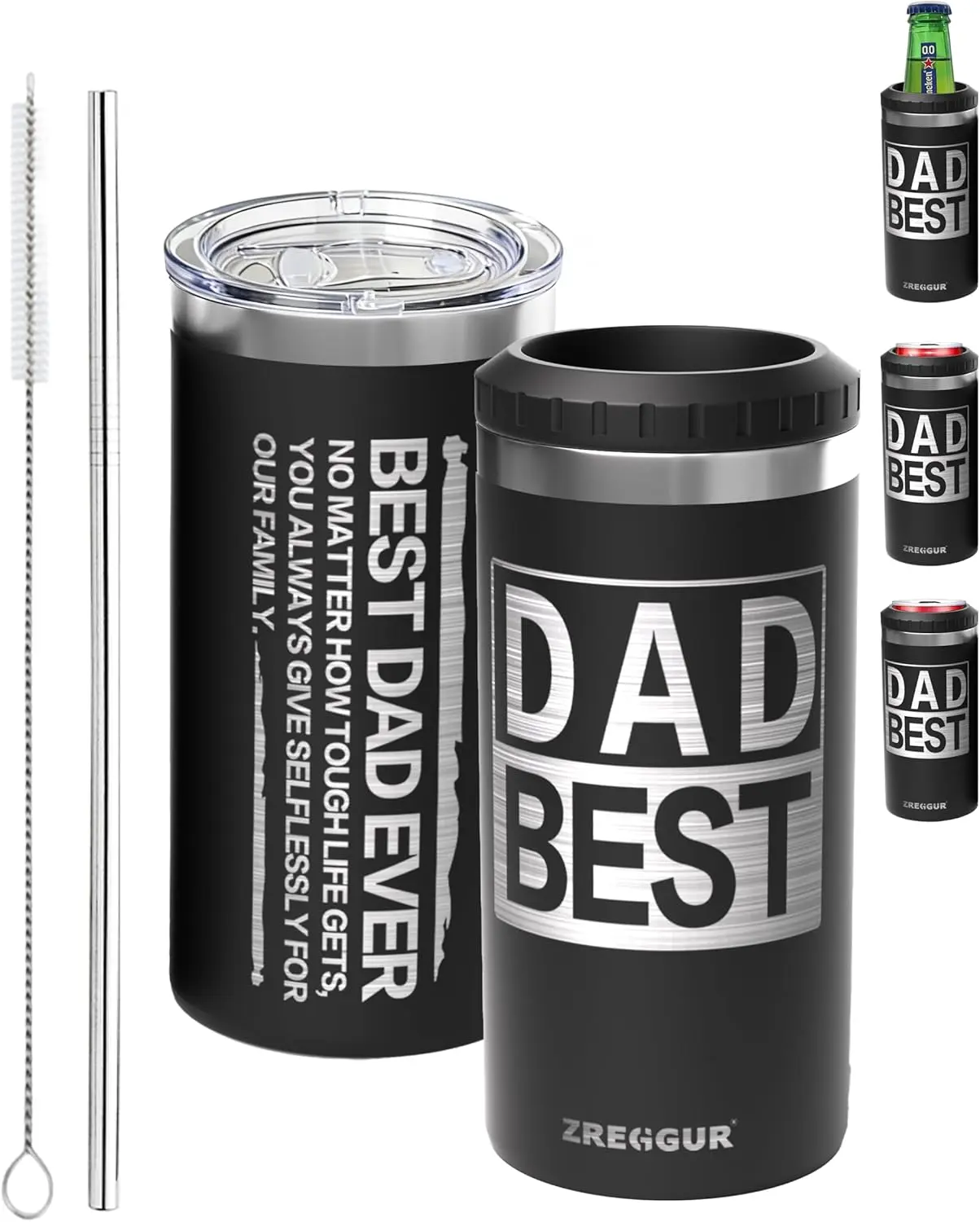 ZREGGUR 4-in-1 16oz Stainless Steel Insulated Vacuum Flask - 12oz Skinny Silicone Coozie Can Cooler, Portable Travel Mug with Lid & Straw, Fruit-Compatible Father's Day Dad Gift