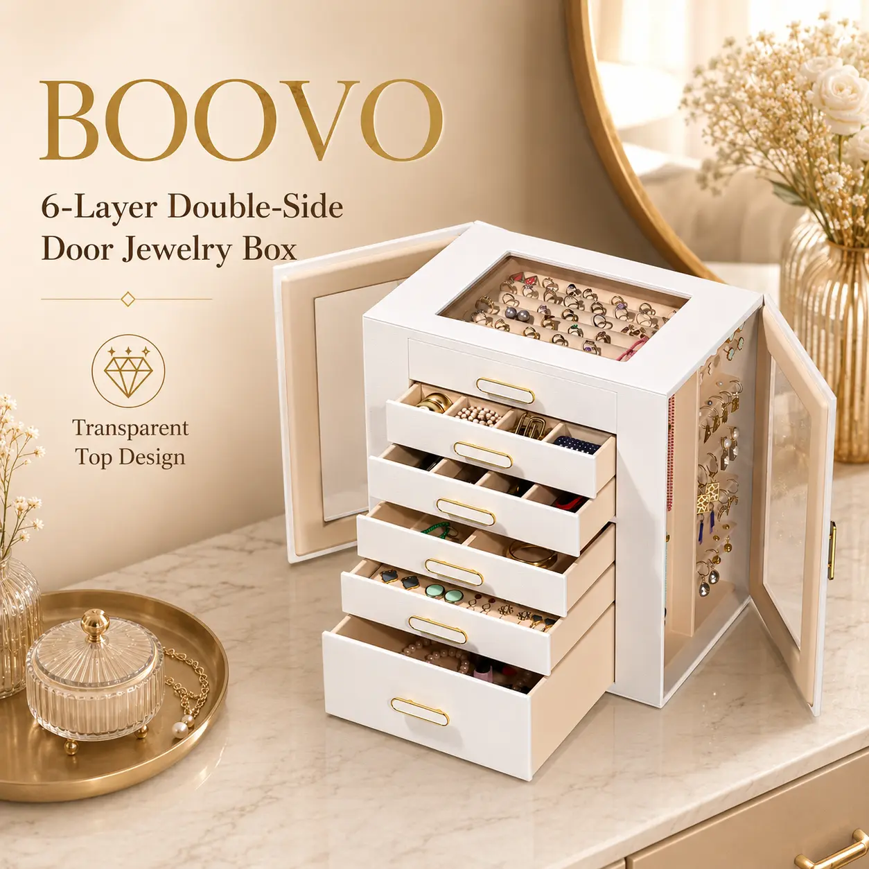 BOOVO Pearl White Rectangular Large-Capacity Multi-Jewelry Organizer Cabinet - 6-Layer Glass Lid, Double-Side Doors, Antitarnish Dustproof, Lockable Key Lock, Vanity Storage Box for Women’s Bedroom Necklaces, Rings