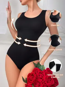 Sleeveless Ribbed Shapewear Bodysuit, Chest Lift & Tummy Control, 3-Row Buckle Seamless Waist Trainer, Breathable Comfort, Versatile Slimming Base Layer