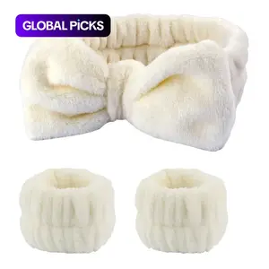 Cute Facial Washing Accessories for Women and Girls, 1-Count Bowknot Decor Headband and 2-Count Wrist Bands, Headband Set, Soft Face Washing Bands for Daily Use, Skincare Tools #GLOBAL PICKS