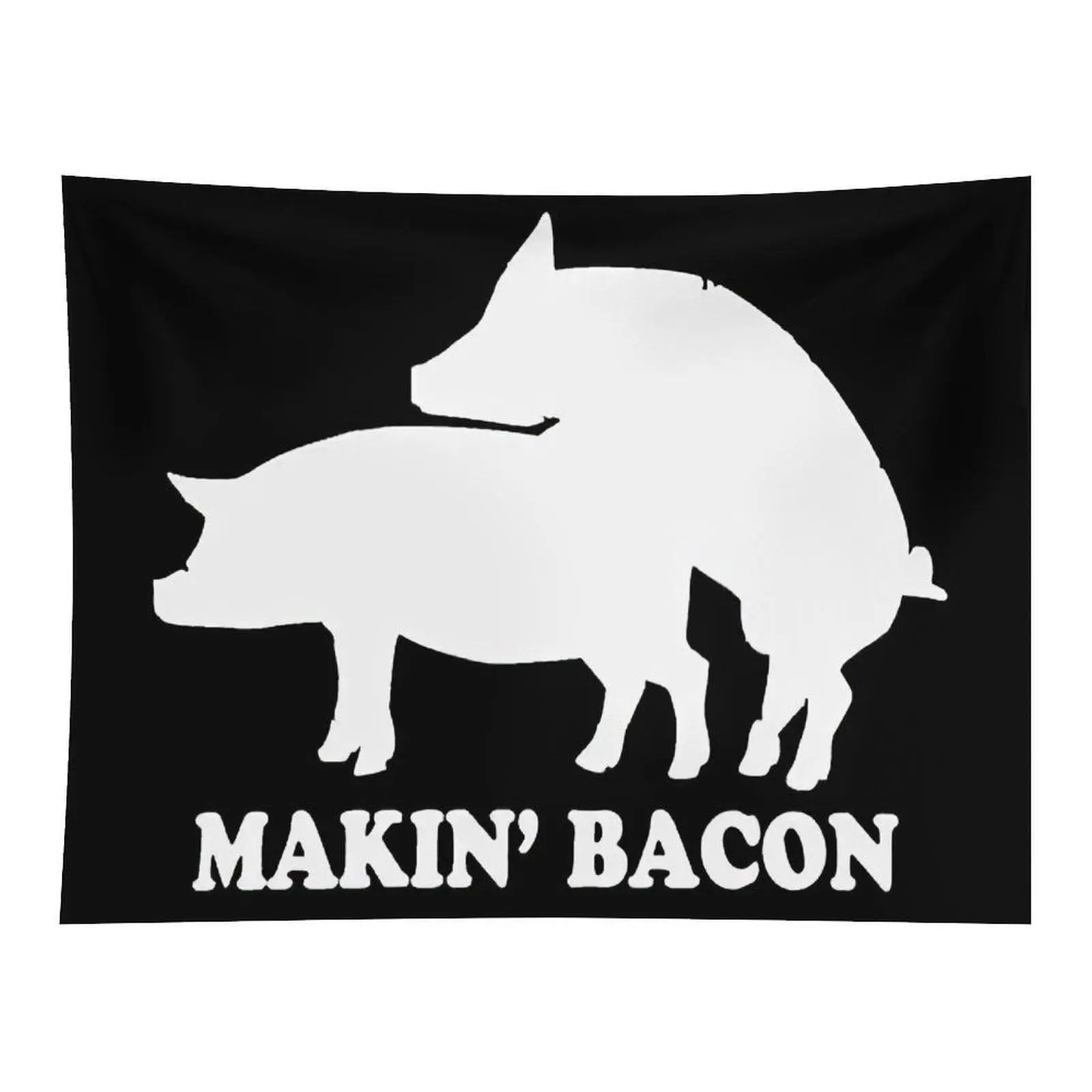 Funny Humorous Pig Silhouette Wall Tapestry, Makin Bacon Graphic, Black Background Novelty Art for Indoors Apartment Bedroom Wall Decor