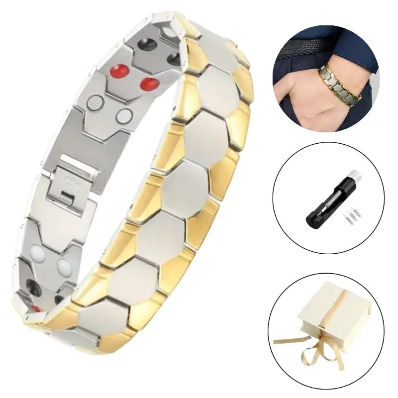 Titanium Steel Magnetic Bracelets for Men 4 in 1 Elements, Arthritis Therapy Energy Healing Wristband , 8.46 inch Bracelet Bangle for Men, Adjustable with Sizing Tool – Gift for Dad, Husband, Boyfriend, Son