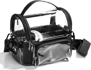 Makeup Bag, Transparent PVC Clear Travel Makeup Brush Holder, Tool Organizer Case with Shoulder Strap (Black)