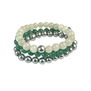 Green Aventurine White Jade and Hematite Bracelets - Stackable Beaded Design with Green Beads and Silver Accents