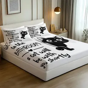 3pcs Funny Black Cat Bathroom Quote Fitted Sheet Set, Humorous Bed Sheet Set, Soft Microfiber Bedding Set (No Fillers), Cute Cat Lover Decor Mattress Cover for Kids & Guest Bedroom