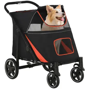 PawHut Dog Stroller for Large Medium Small Dogs up to 66 Lbs. 23.5" in Body Length, One-Click Foldable Pet Cat Stroller with Storage, Shock Absorption Wheels, Mesh Window, Safety Leash, Red