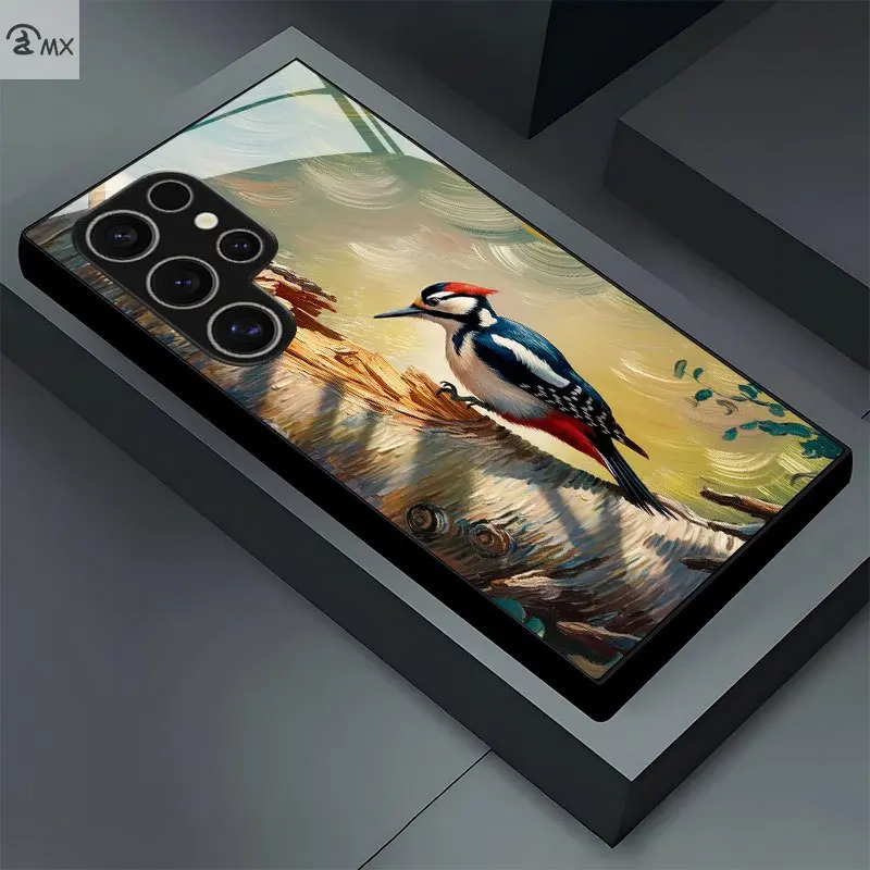 2025 new mobile phone case Woodpecker and trunk design mobile phone case, suitable for S25 Ultra, S25 Plus, S25, S24, S24 Plus, S24 Ultra, S24 FE, S23, S23 Ultra, S23 Plus, S23 FE, S22 Ultra, S21 Pro +, Note 10, - anti-fouling, fashion trend glass case, A