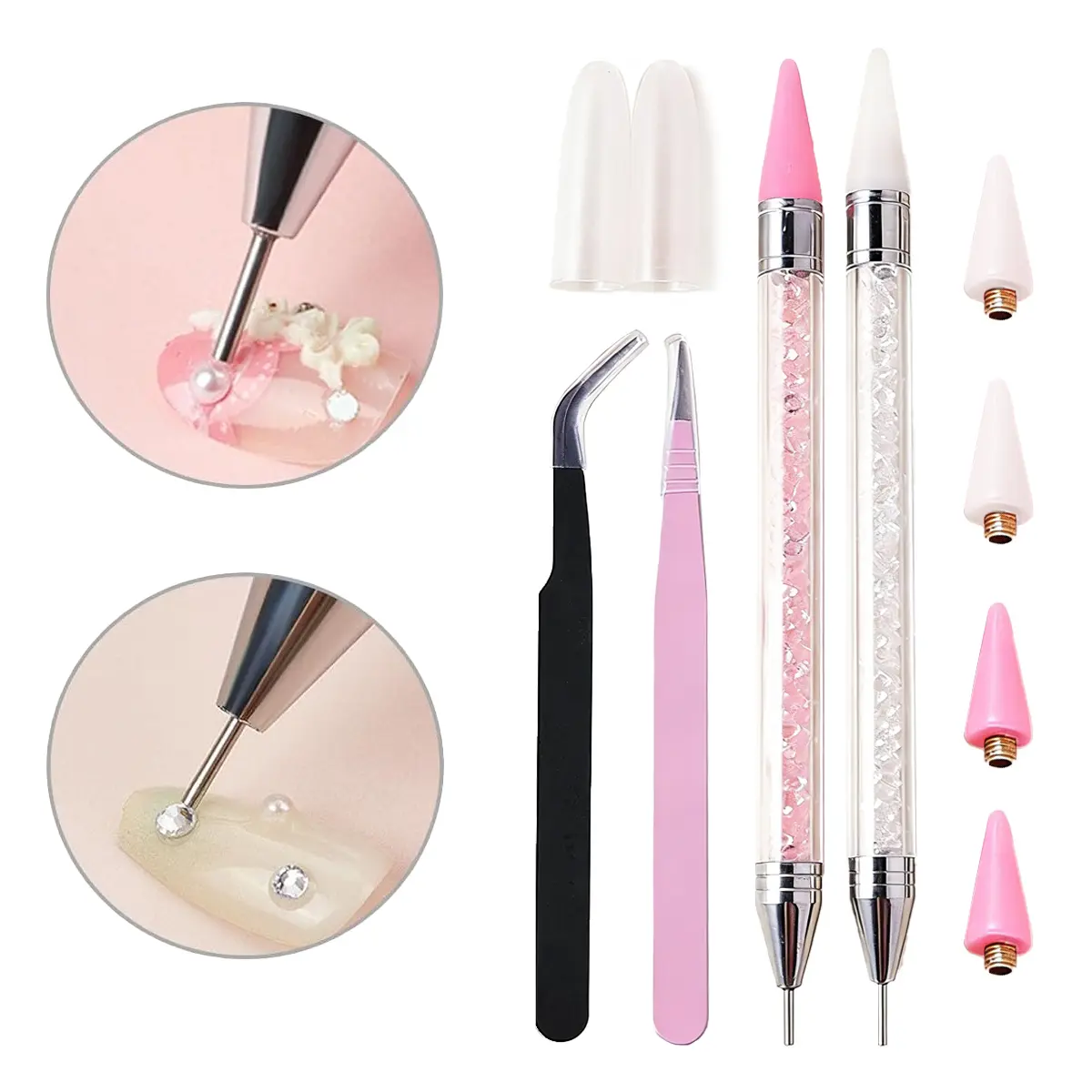 Rhinestone Picking Pen Tool, 2 Counts Dot Pen (White + Pink)/ 2  Precision Tweezer / 4 Wax Tips, Diamond Art Pen, DIY Nail Supplies, Decoration Tools, Dotted Pen, Resin Pen, Gel Nail Compatible for Home & Salon Use