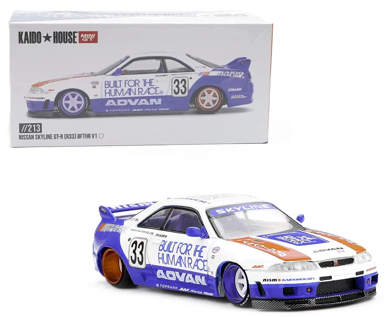 Kaido House x Mini GT 1:64 Nissan Skyline GT-R (R33) BFTHR V1 White w/Blue Two-Tone Diecast Model Car KHMG213