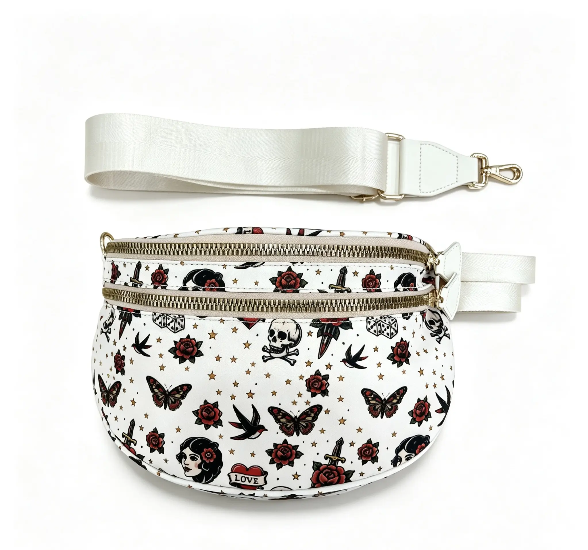 [CC SHOP]Vintage Traditional Tattoo Print Fanny Pack for Women, White Nylon Crossbody Belt Bag with Detachable Wide Adjustable Strap, Retro Rose Skull Swallow Butterfly Pattern Sling Waist Purse