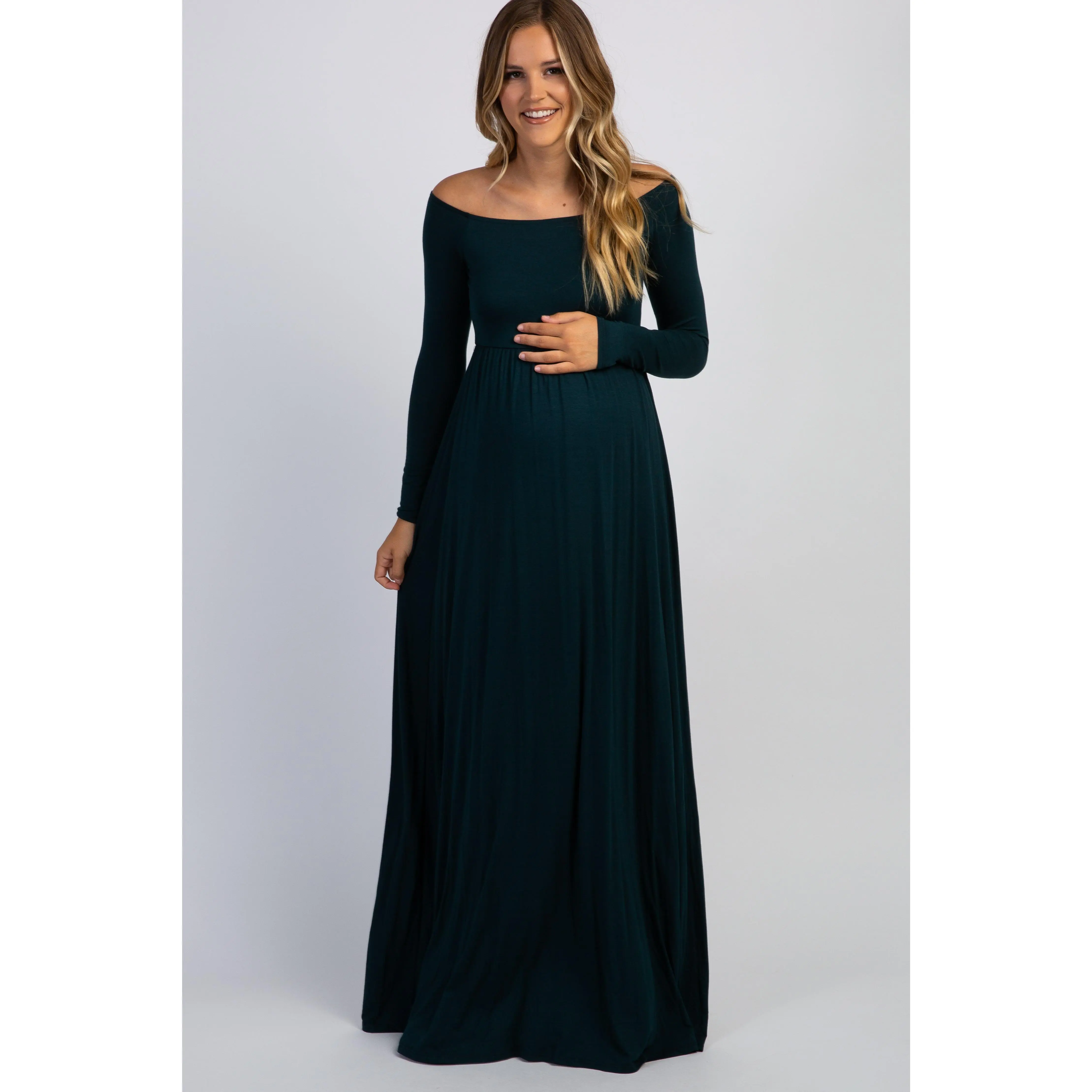 PinkBlush Forest Green Solid Off Shoulder Maternity Maxi Dress