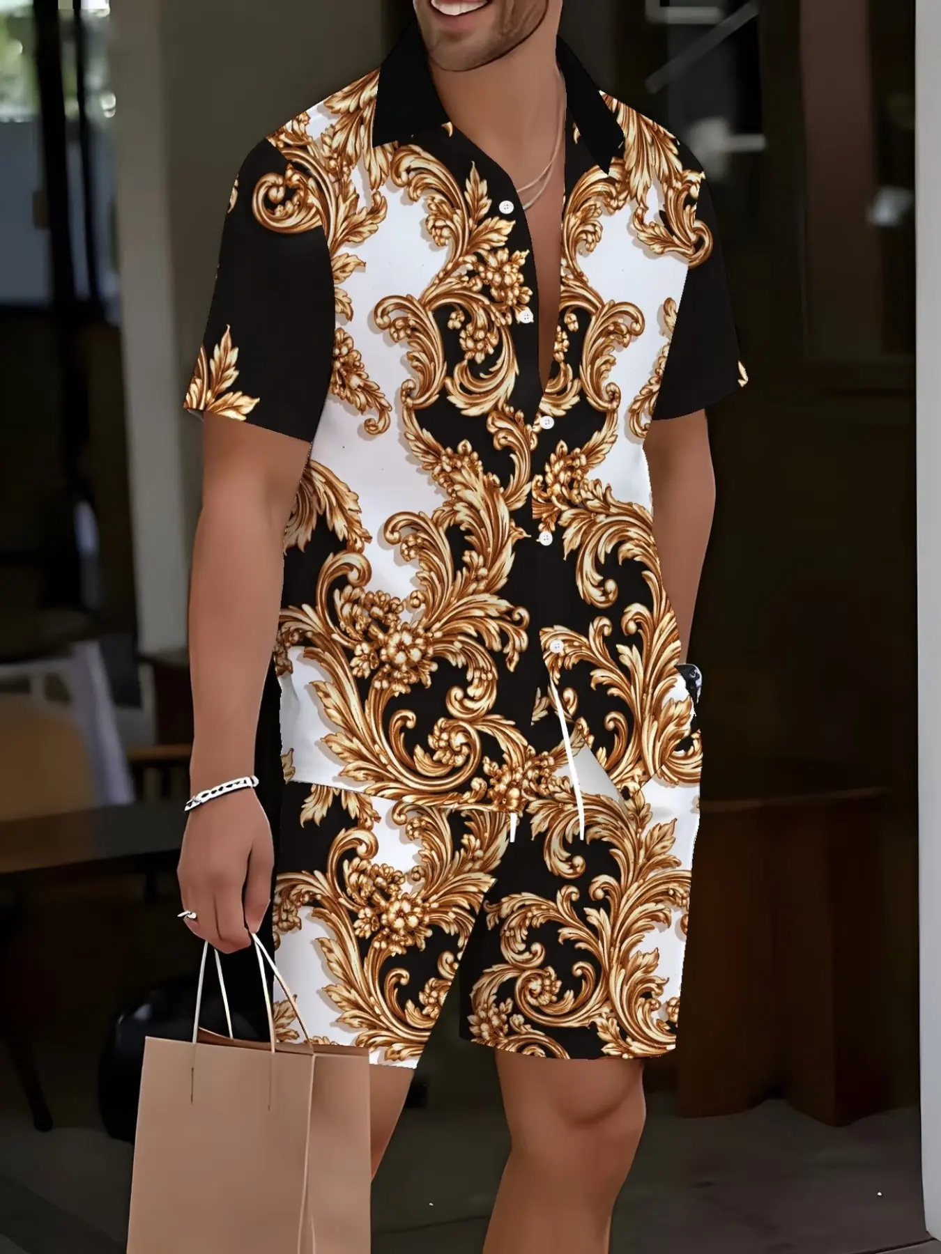 Men's Baroque Print Short Sleeve Shirt and Shorts Set, Summer Beach Casual Two-Piece, Fashion Trendy Clothing