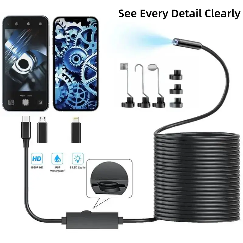 16.4ft Semi-Rigid Snake Borescope Endoscope Camera Tool, HD IP67 Inspection Accessory Kit with 8 Adjustable LED Lights, Magnet Hook for Mechanics, Pipe Inspection, Compatible with iOS & Android, Gift for Men