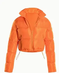 Zipper Warm Puffer Jackets For Winter Hiking Ski, Solid Color Crop Puffer Coat, Women's Clothing