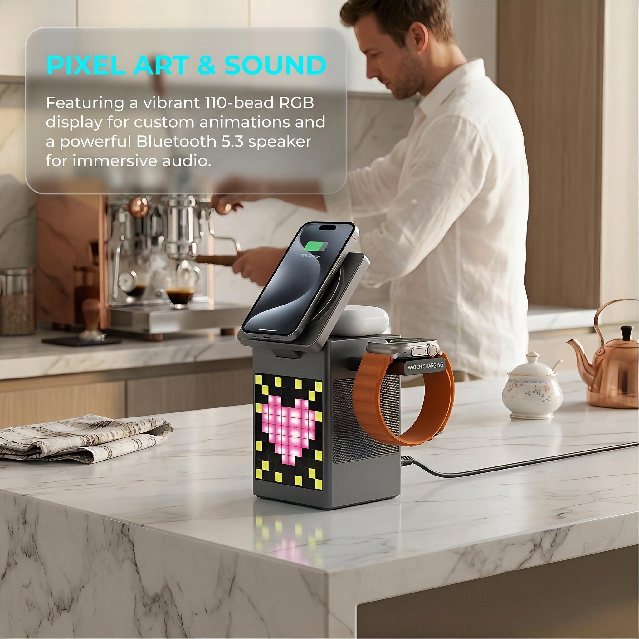 MagSafe-compatible 6-in-1 Charging Station with Bluetooth Speaker, Clock & Pixel Display – Ideal for iPhone, Desk, Travel & Multi-Device Charging | Smart All-in-One Solution for March Madness, Spring Break, World Cup & Easter