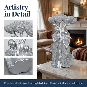 Silver Couple's Heart Resin Sculpture Beaded Texture Love Ornament, Luxury Anniversary Gift, Modern Home Décor Accent, Desktop & Bookshelf Display Piece