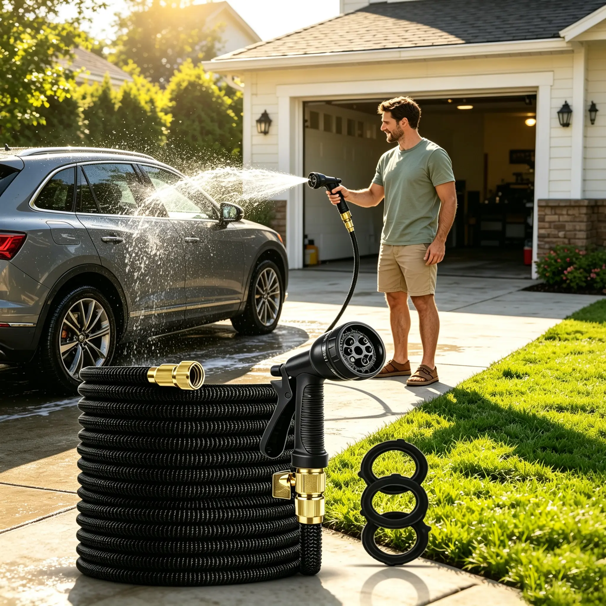 Heavy-Duty Expandable Water Hose, Ultra-Lightweight 8 Function Spray Nozzle, 3/4" Brass Fittings, Anti-Kink Anti-Leak Abrasion Resistant for Garden Watering, Pool Maintenance & Outdoor Cleaning, Black