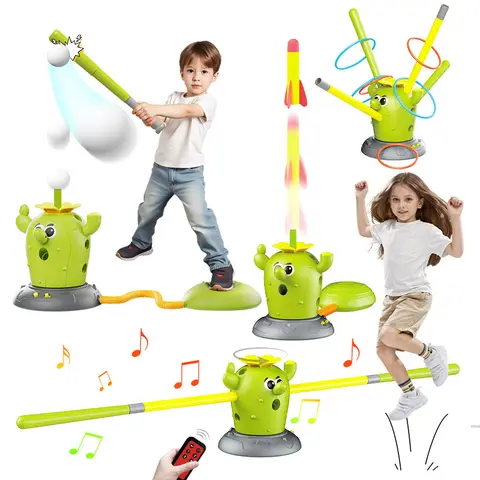 4-in-1 Remote Control Cactus Kids Toy Set - Unisex 4-Gear Speed Outdoor Novelty Toy with BGM Music, Soft Material, Ring Toss, 1 Baseball Bat, 1 Rocket Launcher, Interactive PK for 3-12/6-8 Years Children Development Play