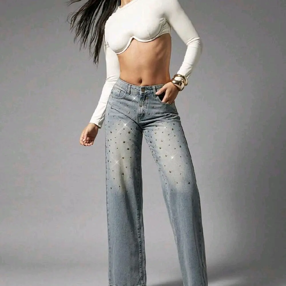 Denimoi Women's Pocket Button Rivet Decor Casual Versatile Daily Wear Wide Leg Jeans