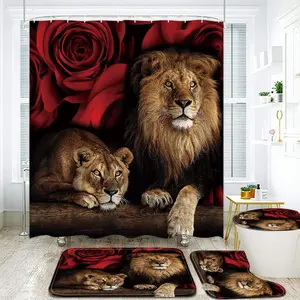 4PCS Red Rose & Lion Pattern Complete Bathroom Set - Red Shower Curtain with 12 Hooks, Non-slip Rugs, Bath Mat, Toilet Lid Cover, Decorative Bathroom Accessories Set