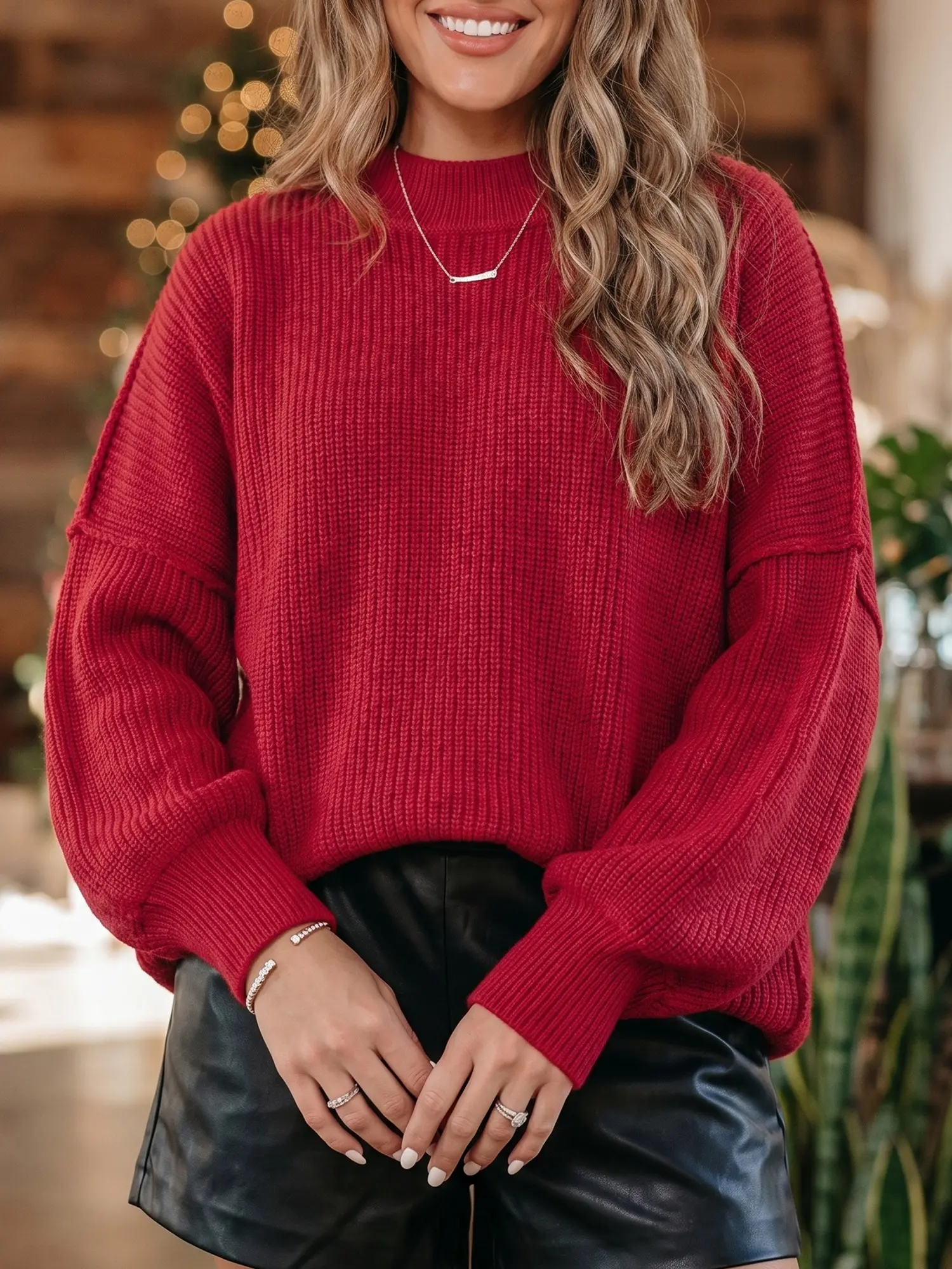 Women Oversized Ribbed Sweater Side Slit Chunky Pullover