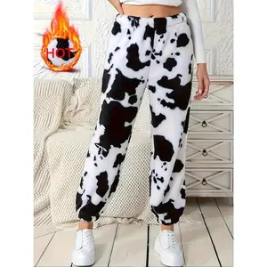 Women's Trendy Cow Print Plush Loose Pants for Autumn and Winter, Cozy and Stylish Fleece Lounge Wear for Comfort and Fashion