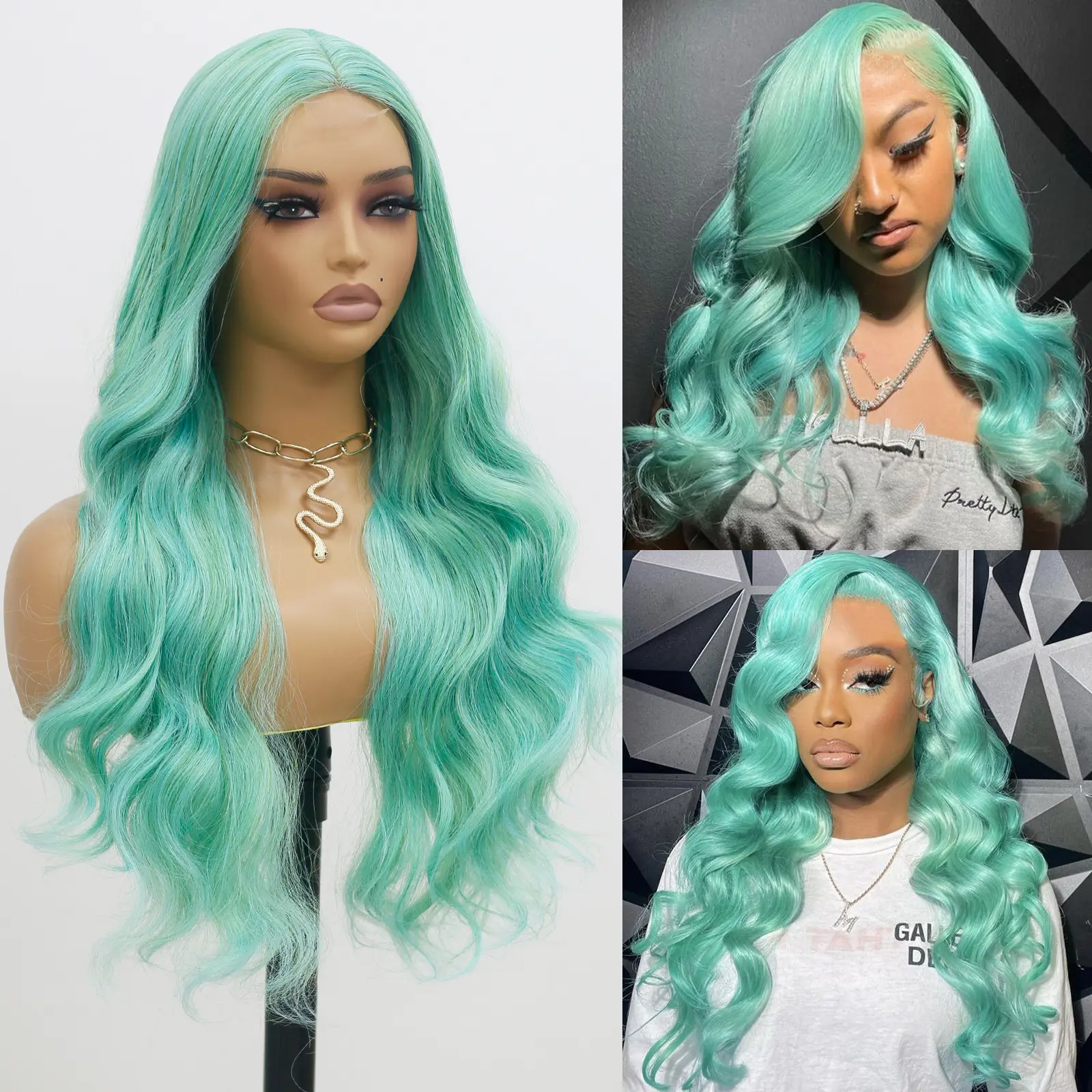 KINCY 4*1 Green Mixed Blue Wave Lace Front Wigs Natural Hairline Synthetic Wig for Women Long Hair Wig Wavy 26 Inch Natural Heat Resistant Fiber Synthetic mint green Wigs for Halloween Daily Use Party Cosplay