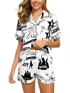 Women's 2-Piece Sleepwear Set, Hamilton Music Print Short Sleeve Button-Down Shirt, Breathable Broadway Fan Casual