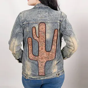 Cactus Tooled Leather Denim Jacket - Western Vintage Style