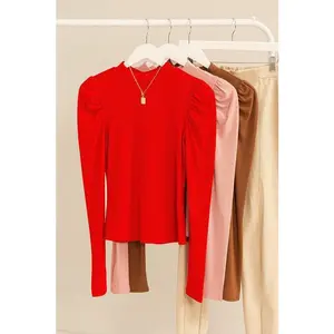 PUFF SLEEVE RIB KNIT TOP